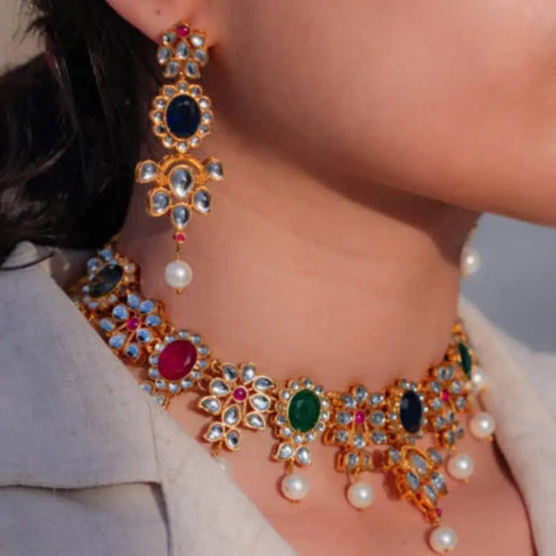 lyas Kundan Plant Studded Necklace Set with Mix Beads Silver925