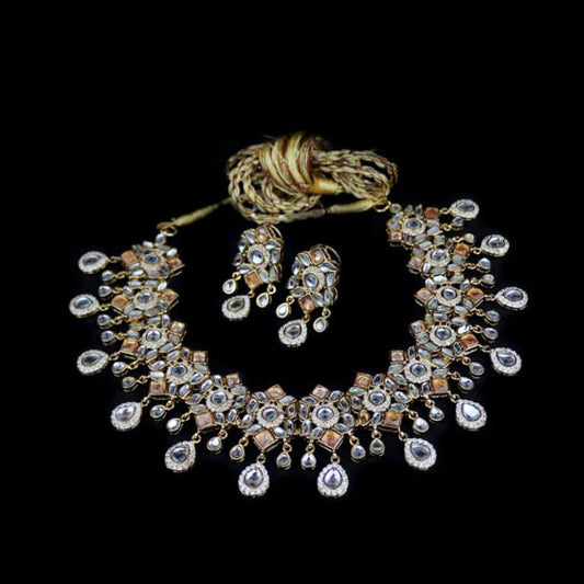 lyas Kundan Abstract Studded Necklace Set with Crystal Silver925