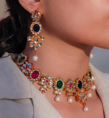 lyas Kundan Plant Studded Necklace Set with Mix Beads Silver925