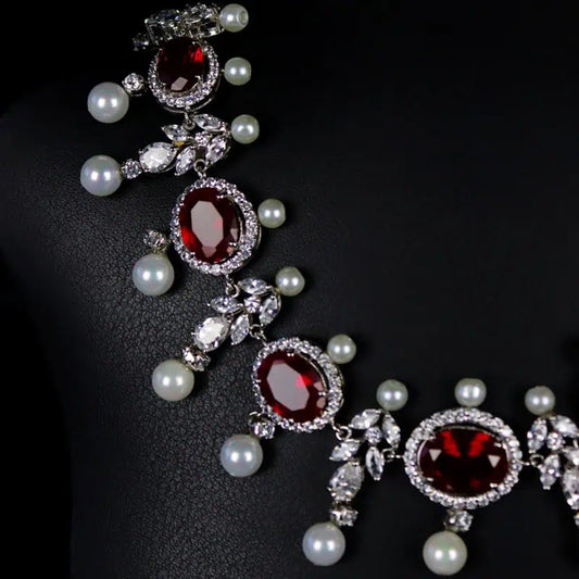 lyas Classic Oval Studded Necklace Set with Crystal Silver925